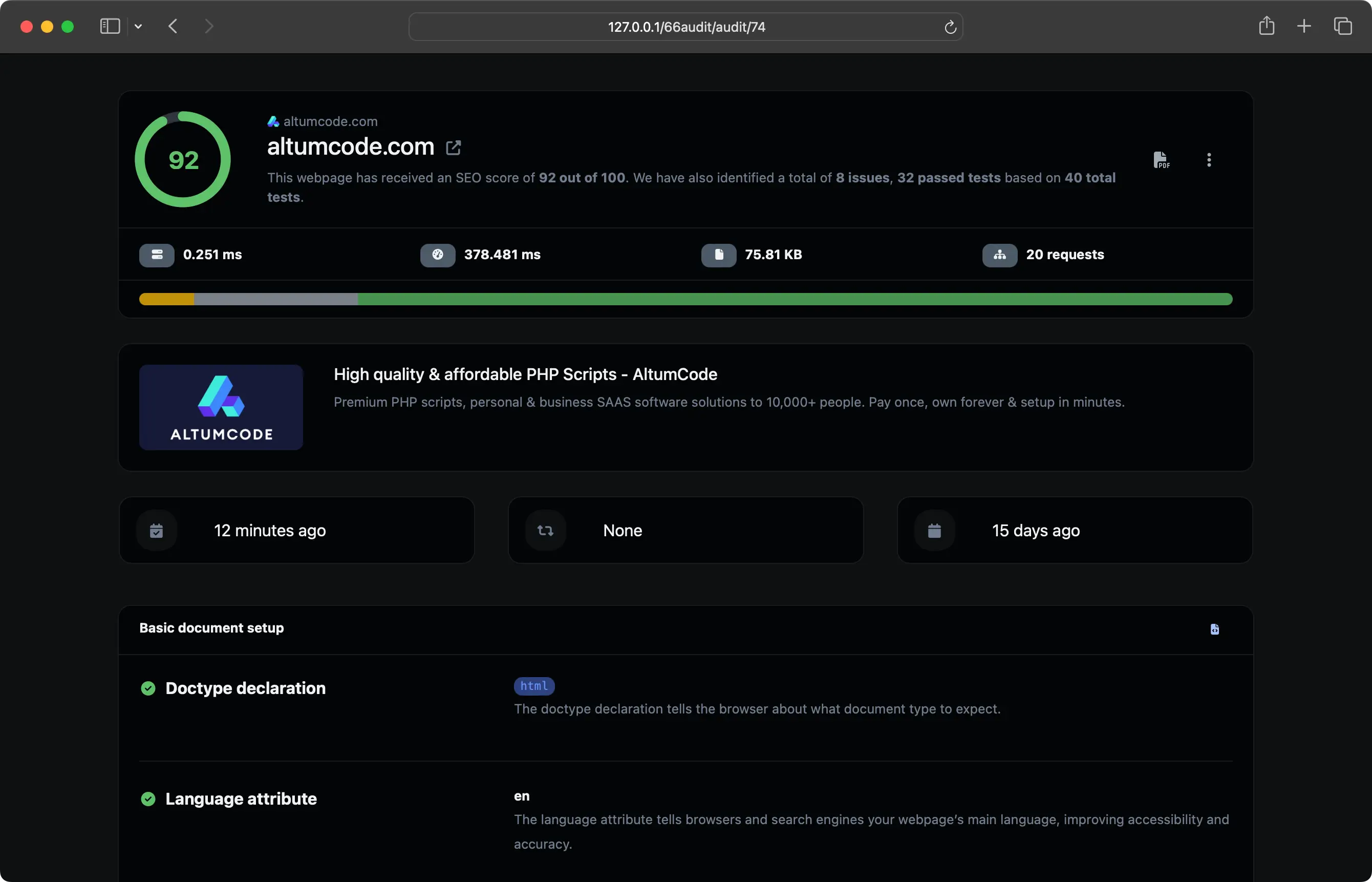 Screendenso dell'area di controllo dell'app
